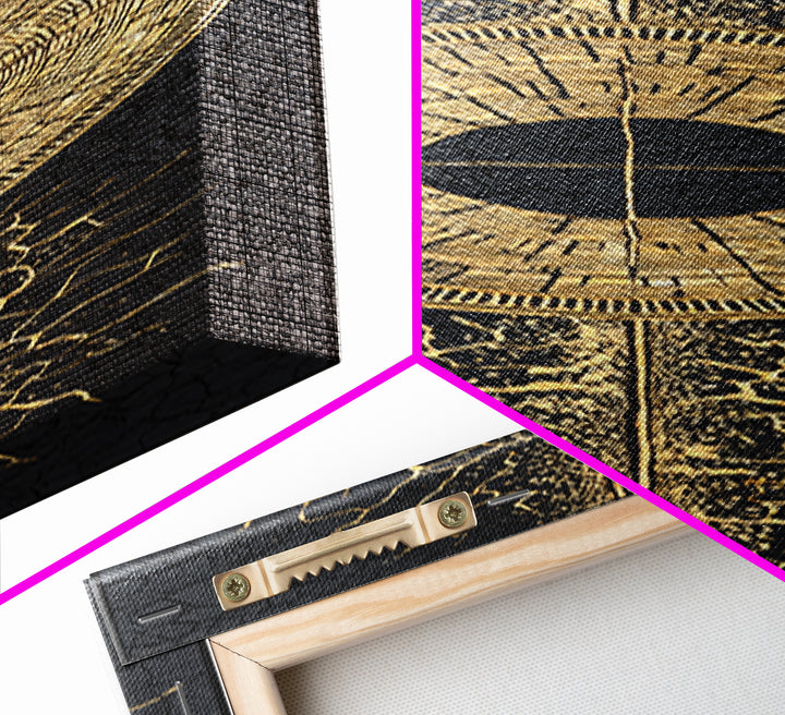 Gold Tribal Sun Disc On Cracked Black Texture Wall Art, African Abstract Decor, Modern Afrocentric Canvas, Statement Home Decor