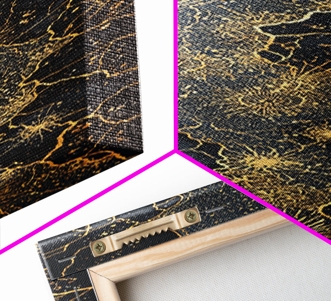 Gold Celestial African Woman Figure On Black Map Lines, Wall Art, Abstract African Art Print, Luxury Canvas Decor Gift For Her