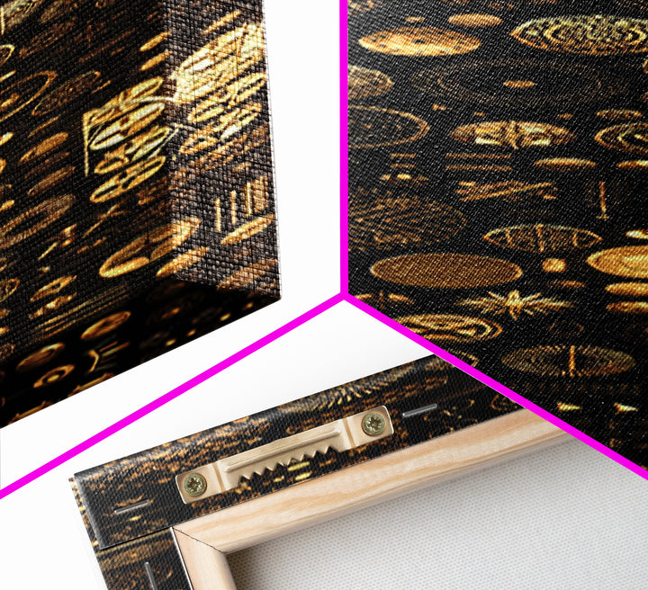Gold African Symbol Collage On Black Wall Art, Geometric Tribal Decor, Afrocentric Patterns, Modern Canvas Print Unique Gift