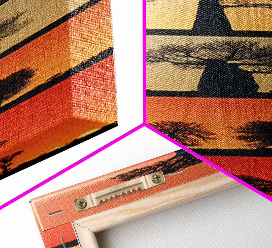 Minimal Baobab Horizon Panels, African Wall Art, Sunset Tree Silhouette, Modern Safari Decor, Vertical Framed Canvas Print