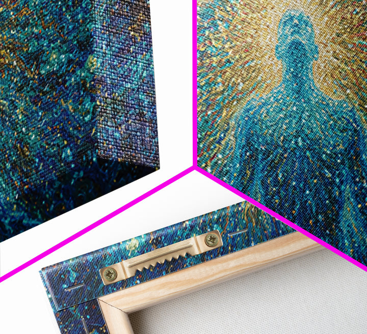 Glowing Spirit Figure In Cosmic Blue Framed Canvas Print, Spiritual Wall Art, Afrocentric Decor, Mystical Abstract Art, Meditation Decor