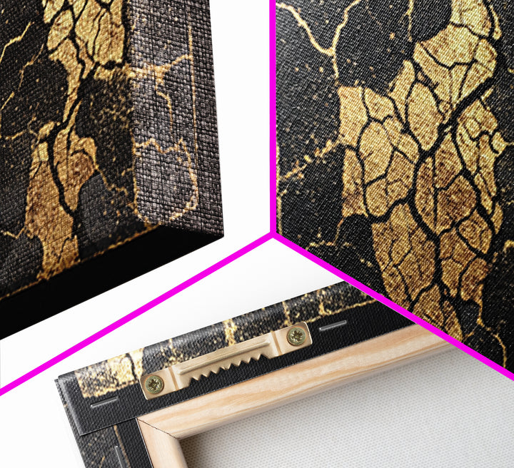 Black And Gold Cracked Triptych Abstract Wall Art, African Inspired Luxury Canvas Decor, Modern Textured Statement Print
