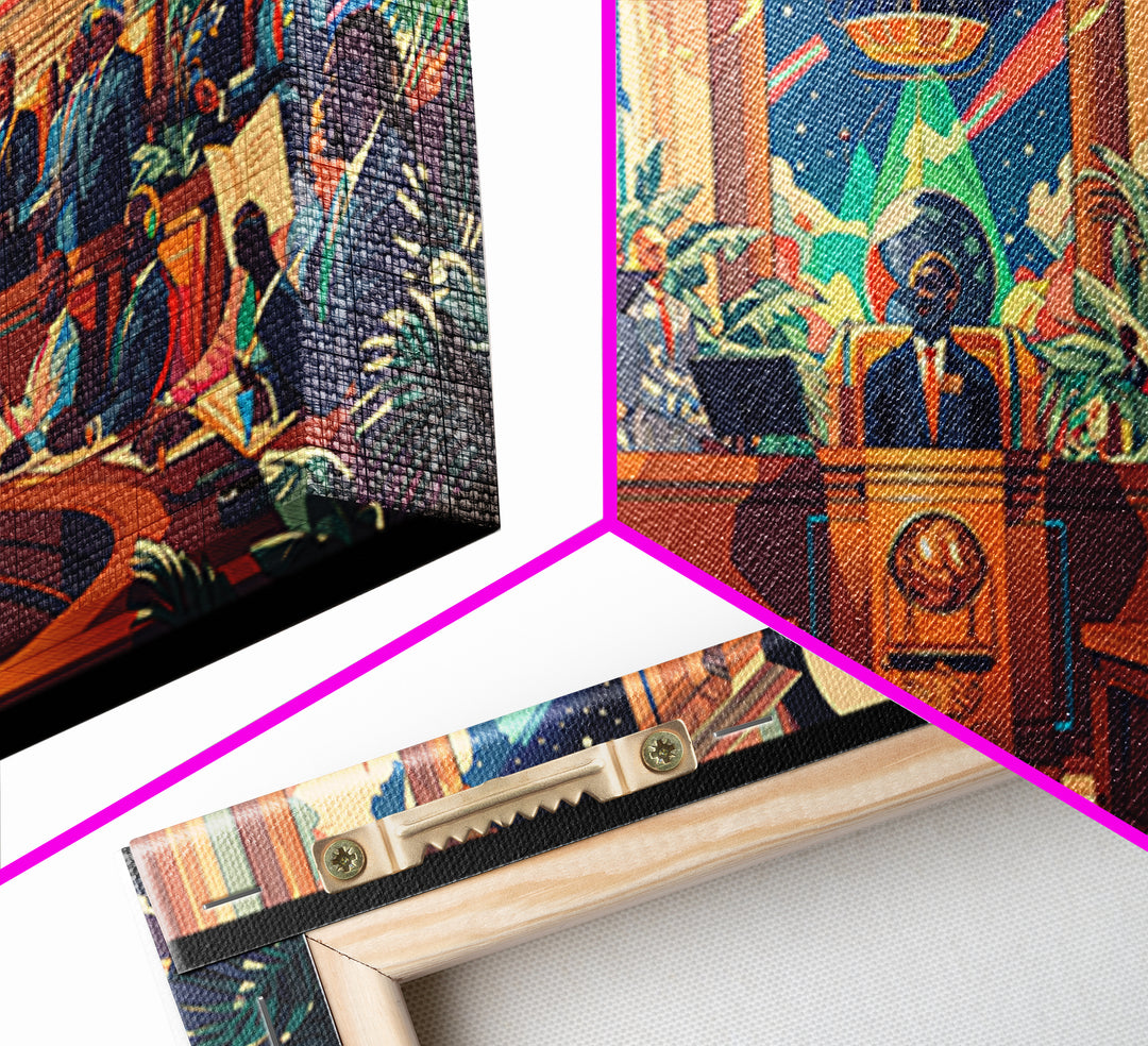 Afrofuturist Galactic Council Chamber Wall Art, African American Art Print, Colorful Sci Fi Courtroom Decor Poster Gift