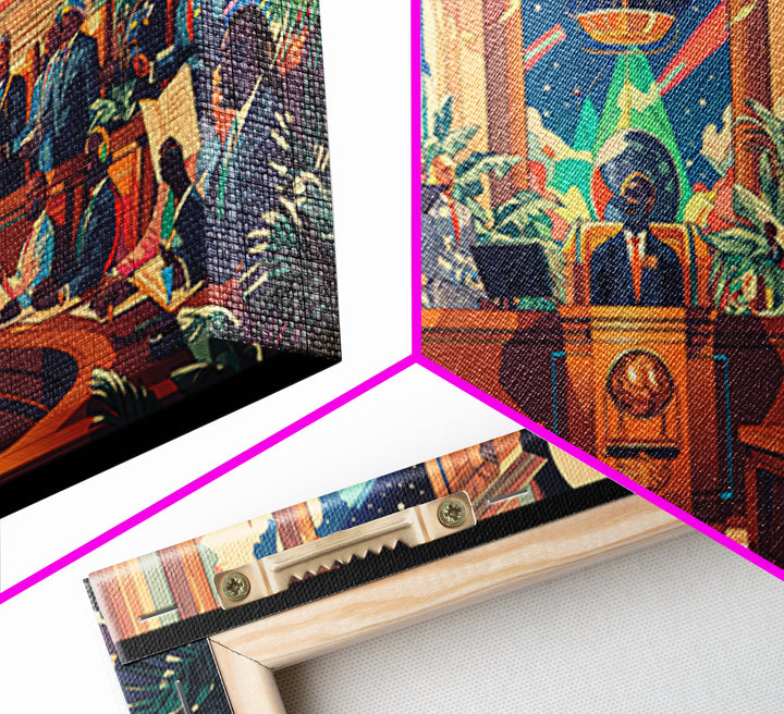 Afrofuturist Galactic Council Chamber Wall Art, African American Art Print, Colorful Sci Fi Courtroom Decor Poster Gift