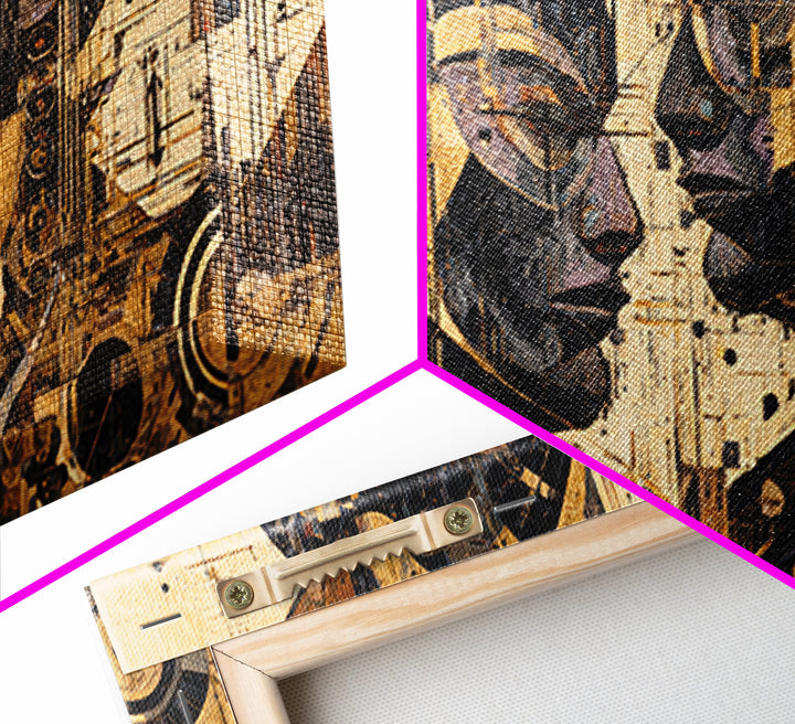 Geometric African Couple Profiles Framed Canvas Print, Abstract Afrocentric Wall Art, Gold Black Modern Cubism Decor Gift