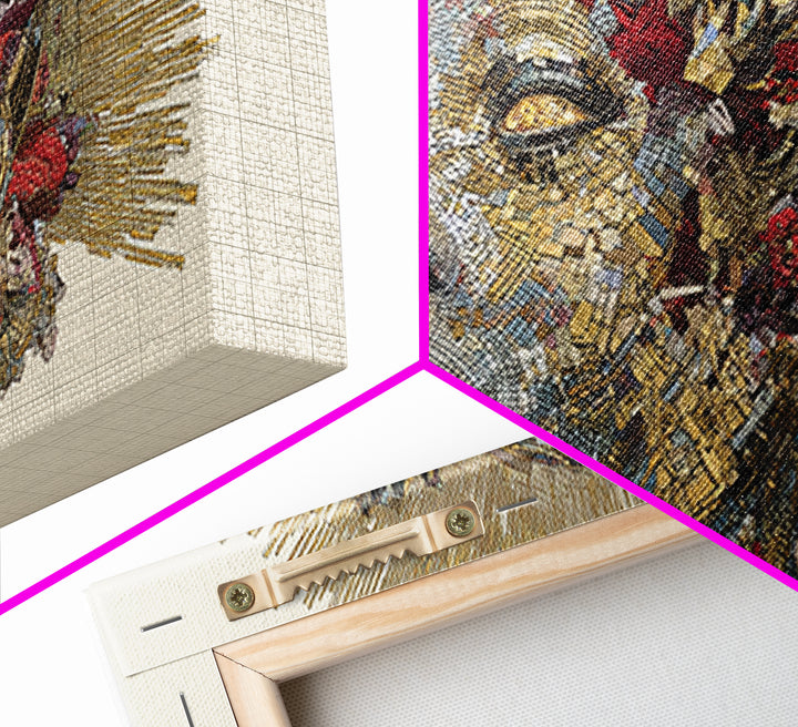 Black Woman Golden Halo Portrait Canvas Print, Mosaic Floral African Beauty Wall Art, Elegant Feminine Home Decor Gift Print