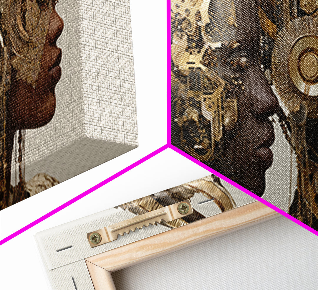 Afrofuturist Royal Couple With Horned Crowns Wall Art, African Goddess Portrait Canvas Print, Luxury Sci Fi Decor Gift Art