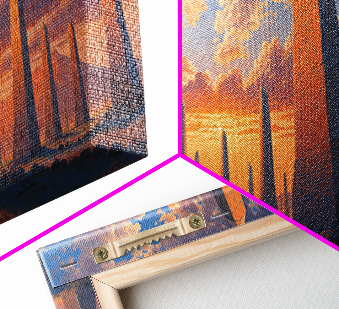 Sunset Obelisk Field Wall Art, African Egyptian Art Print, Ancient Desert Landscape, Warm Orange Statement Home Decor Gift