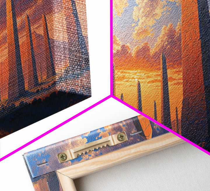Sunset Obelisk Field Wall Art, African Egyptian Art Print, Ancient Desert Landscape, Warm Orange Statement Home Decor Gift
