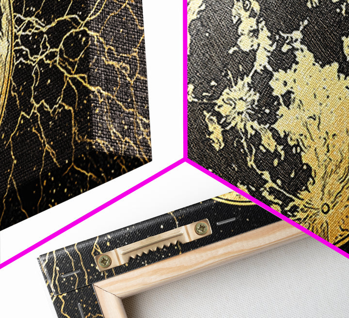Golden Full Moon Wall Art, Black And Gold Celestial Canvas Print, Mystical Wall Decor, Abstract Night Sky Gift For Bedroom Home