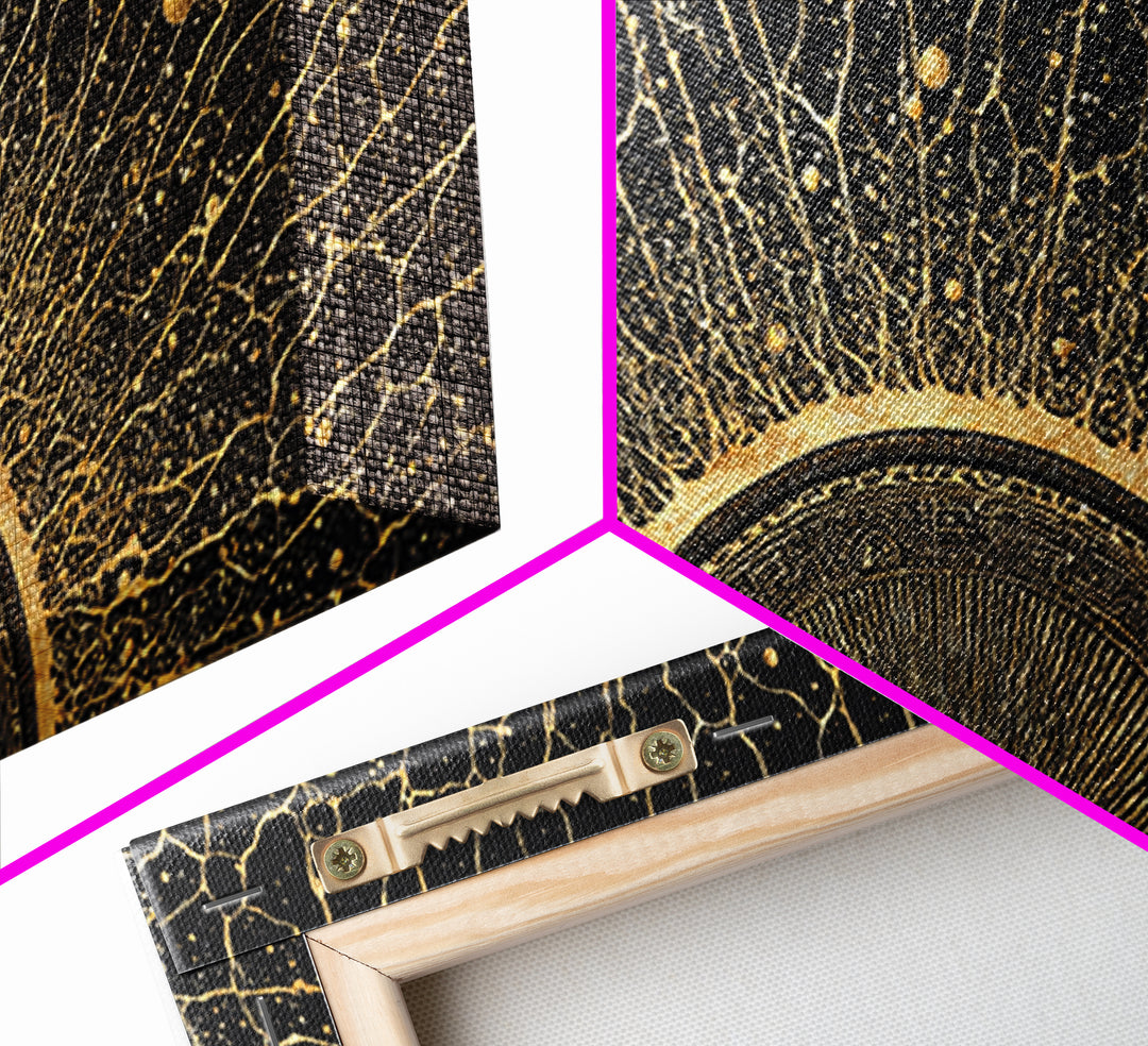 Golden Cosmic Sun Network Abstract Wall Art, Geometric African Inspired Decor, Black And Gold Modern Living Room Canvas Print