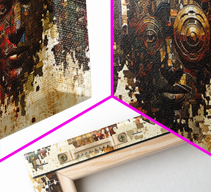 Mosaic African Masks With Metallic Texture Framed Canvas Print, Tribal Wall Decor, Cultural Afrocentric Statement Art Gift