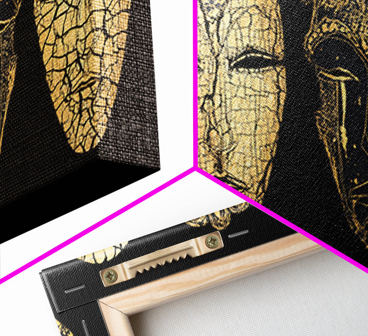 Black And Gold Cracked African Masks Wall Art, Minimalist Tribal Mask Print, Luxe Afrocentric Decor For Modern Home Interior