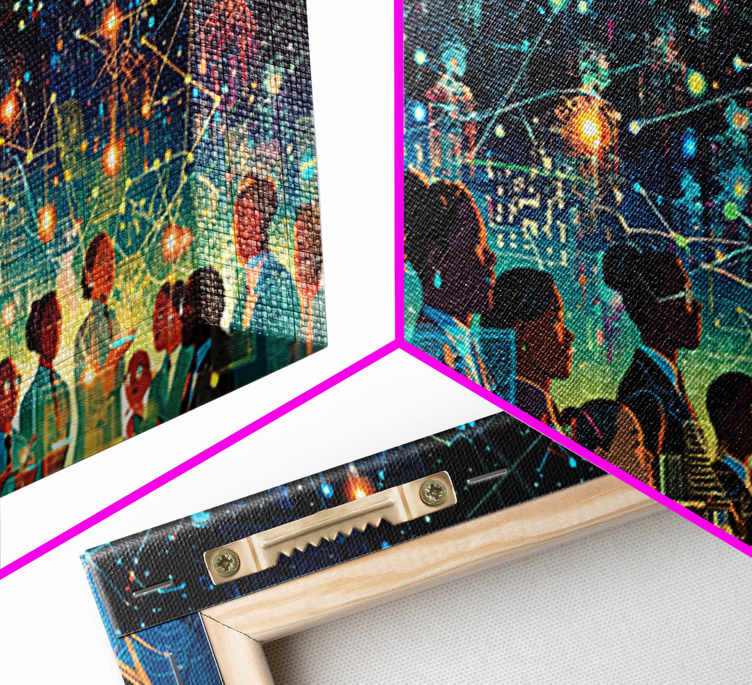 Diverse Professionals Under Neon Network Wall Art, Futuristic Digital City Print, Modern Office Decor For Tech Lovers Gift