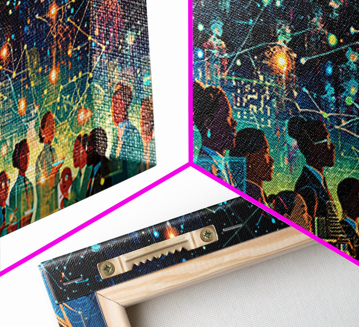Diverse Professionals Under Neon Network Wall Art, Futuristic Digital City Print, Modern Office Decor For Tech Lovers Gift