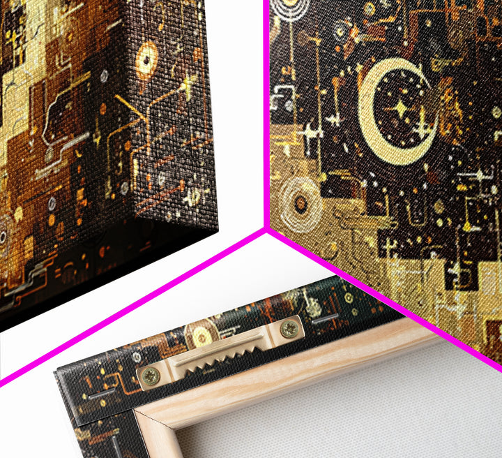 Gold Crescent Abstract Circuit City Wall Art, Black Gold Canvas Decor, Modern Islamic Inspired Geometric Home Decor Statement Piece