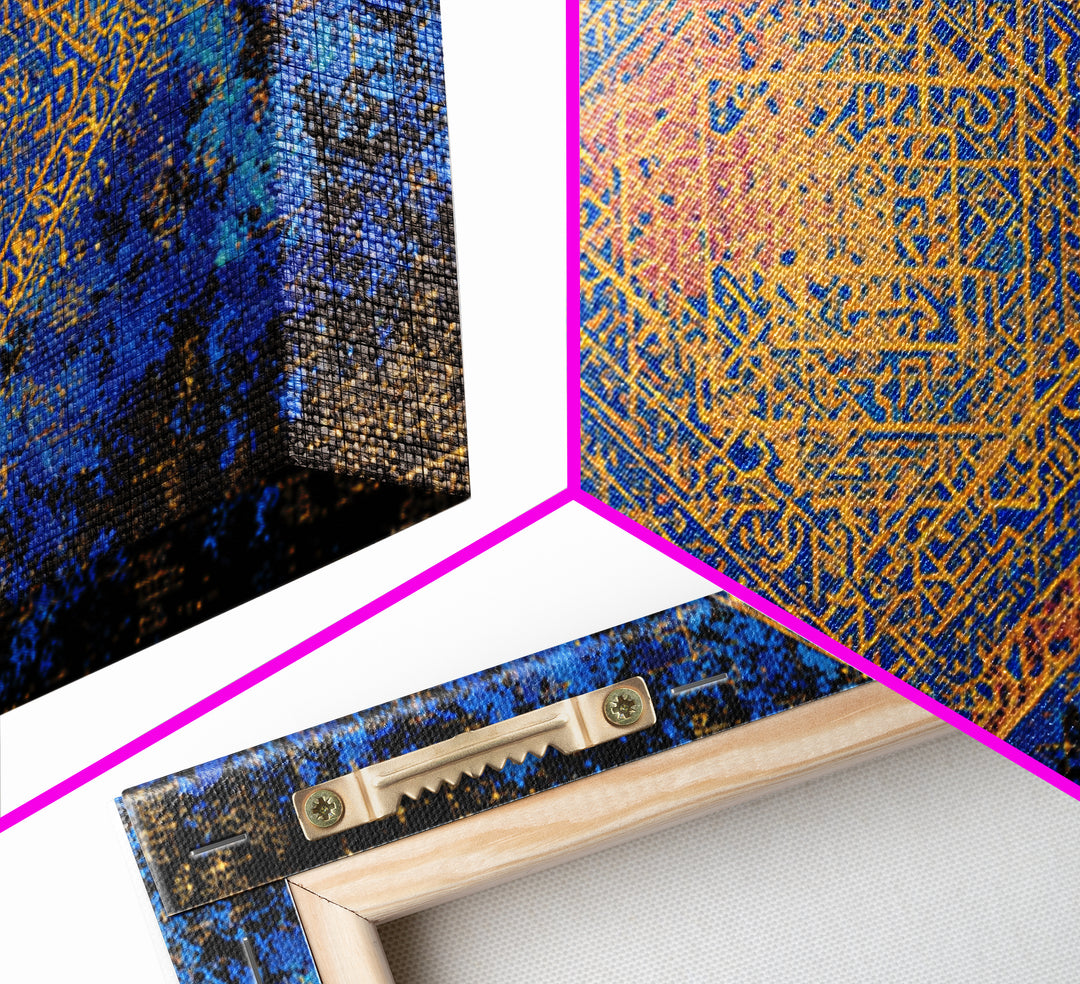 Blue And Gold Sacred Geometry Canvas Print, Abstract Islamic Pattern Wall Decor, Boho Geometric Home Decor Housewarming Gift