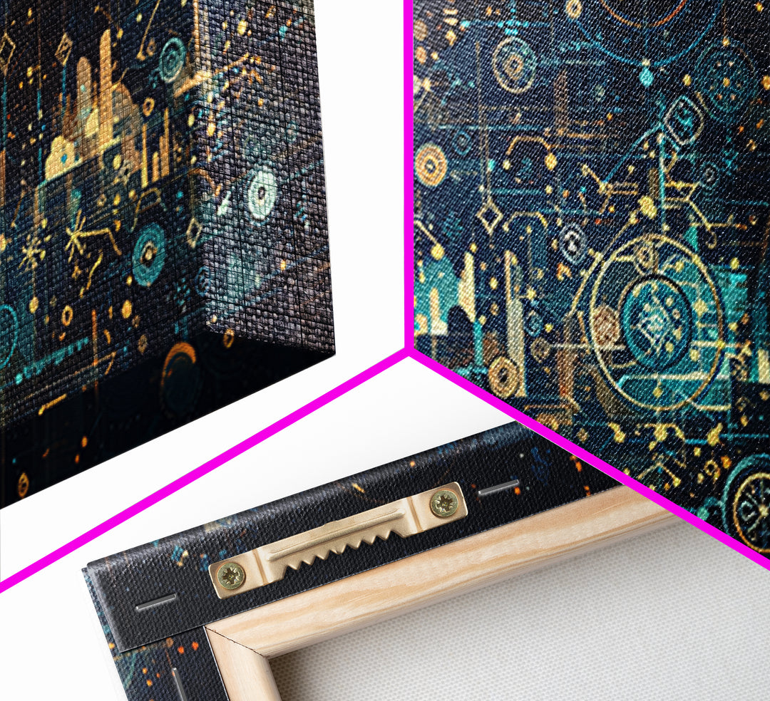 Teal Celestial Blueprint Wall Art, Abstract Science Diagram Canvas Decor, Modern Geometric Office Decor Unique Gift For Him