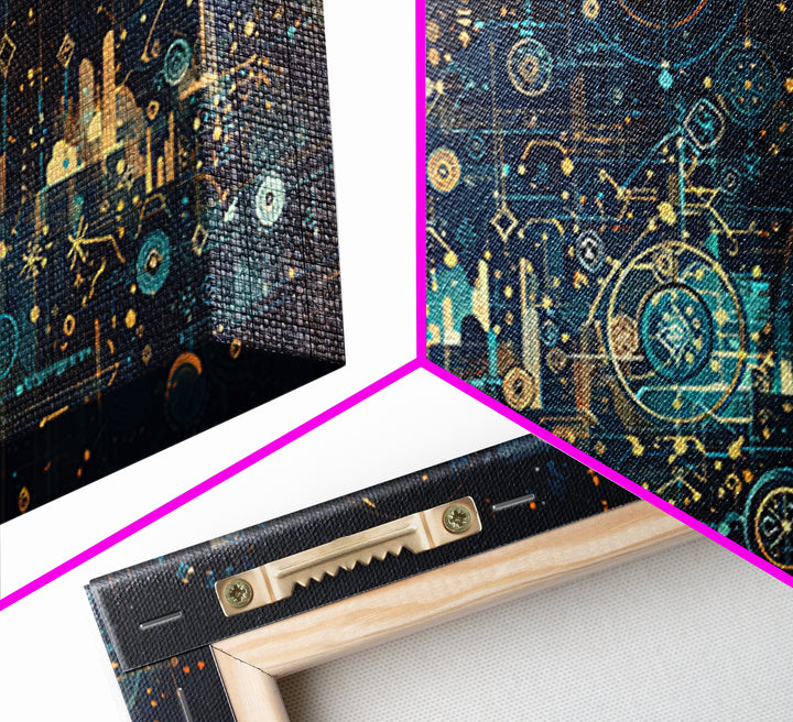 Teal Celestial Blueprint Wall Art, Abstract Science Diagram Canvas Decor, Modern Geometric Office Decor Unique Gift For Him