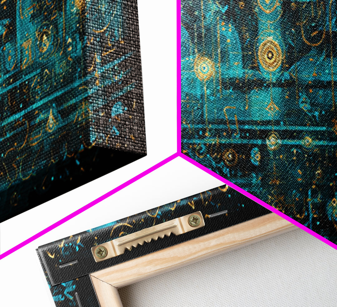 Turquoise Arabic Calligraphy Canvas Print, Abstract Islamic Script Wall Decor, Gold Teal Modern Home Decor Statement Piece