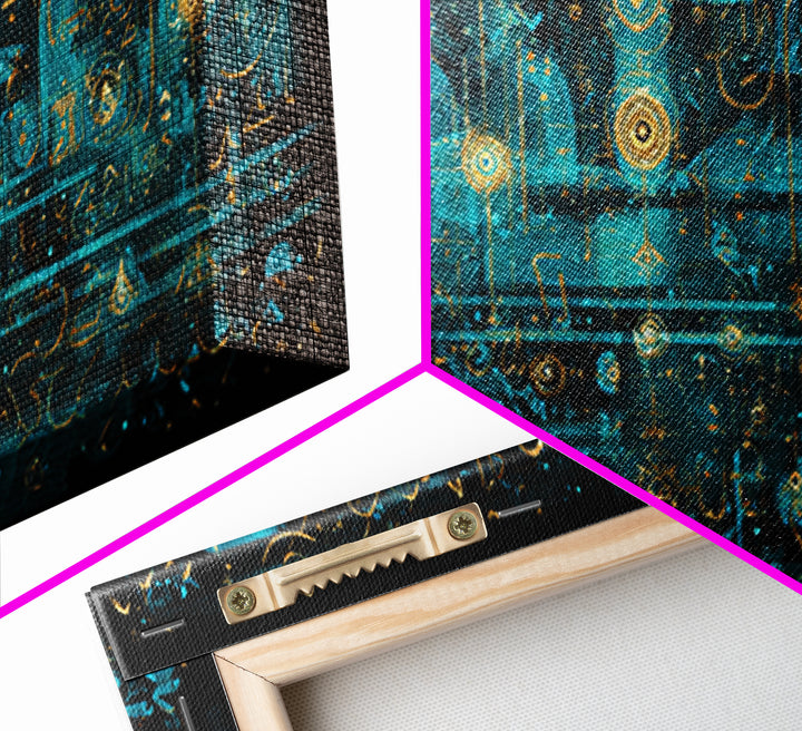 Turquoise Arabic Calligraphy Canvas Print, Abstract Islamic Script Wall Decor, Gold Teal Modern Home Decor Statement Piece