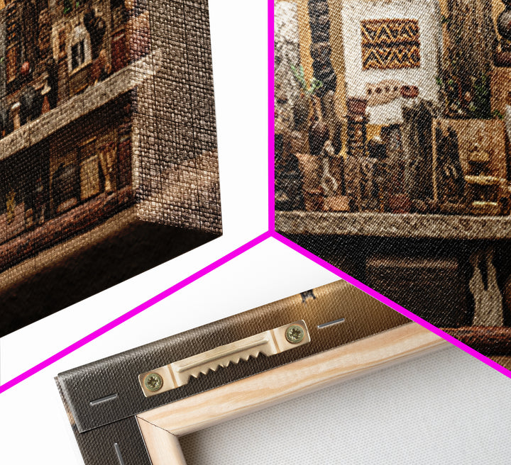 African Tribal Artifact Shelf Wall Art, Rustic Sculpture Still Life Canvas Decor, Ethnic Cultural Home Decor Statement Piece