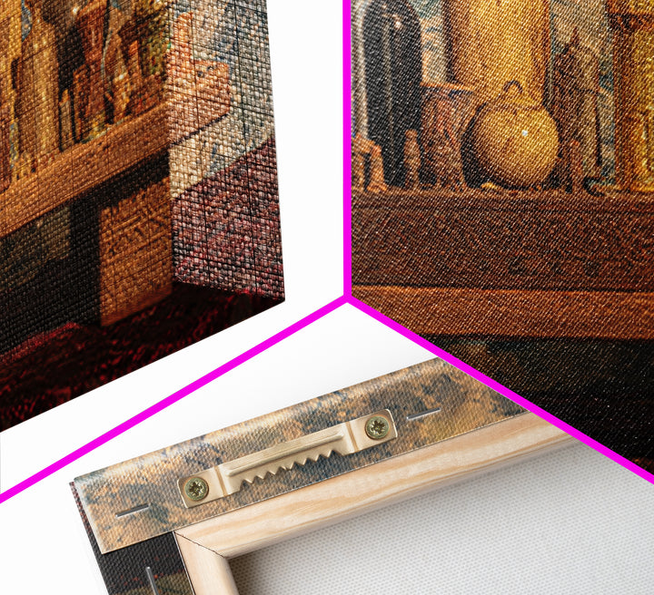 Ornate African Treasure Table Wall Art, Gold Vessel Still Life, Ethnic Home Decor, Luxury Canvas Print For Living Room