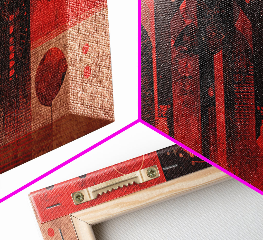 Three Ancestral Figures In Red Wall Art, Abstract African Tribal Art, Spiritual Black Culture Canvas Print, Bold Decor Gift