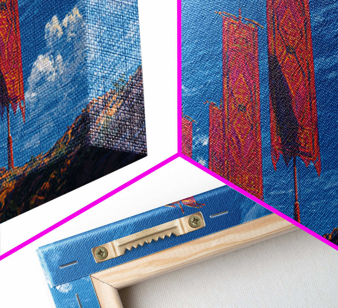 Red African Textile Banners On Blue Sky Wall Art, Cultural Landscape, Vibrant Ankara Decor, Framed Canvas Print Gift For Home