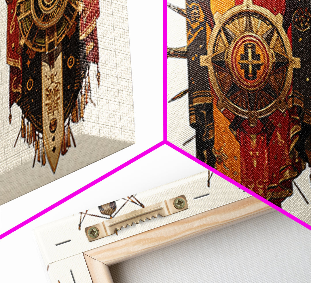 Three Ornate African Shield Banners Wall Art, Tribal Mask Canvas Print, Geometric Cultural Decor, Statement Wall Piece Gift