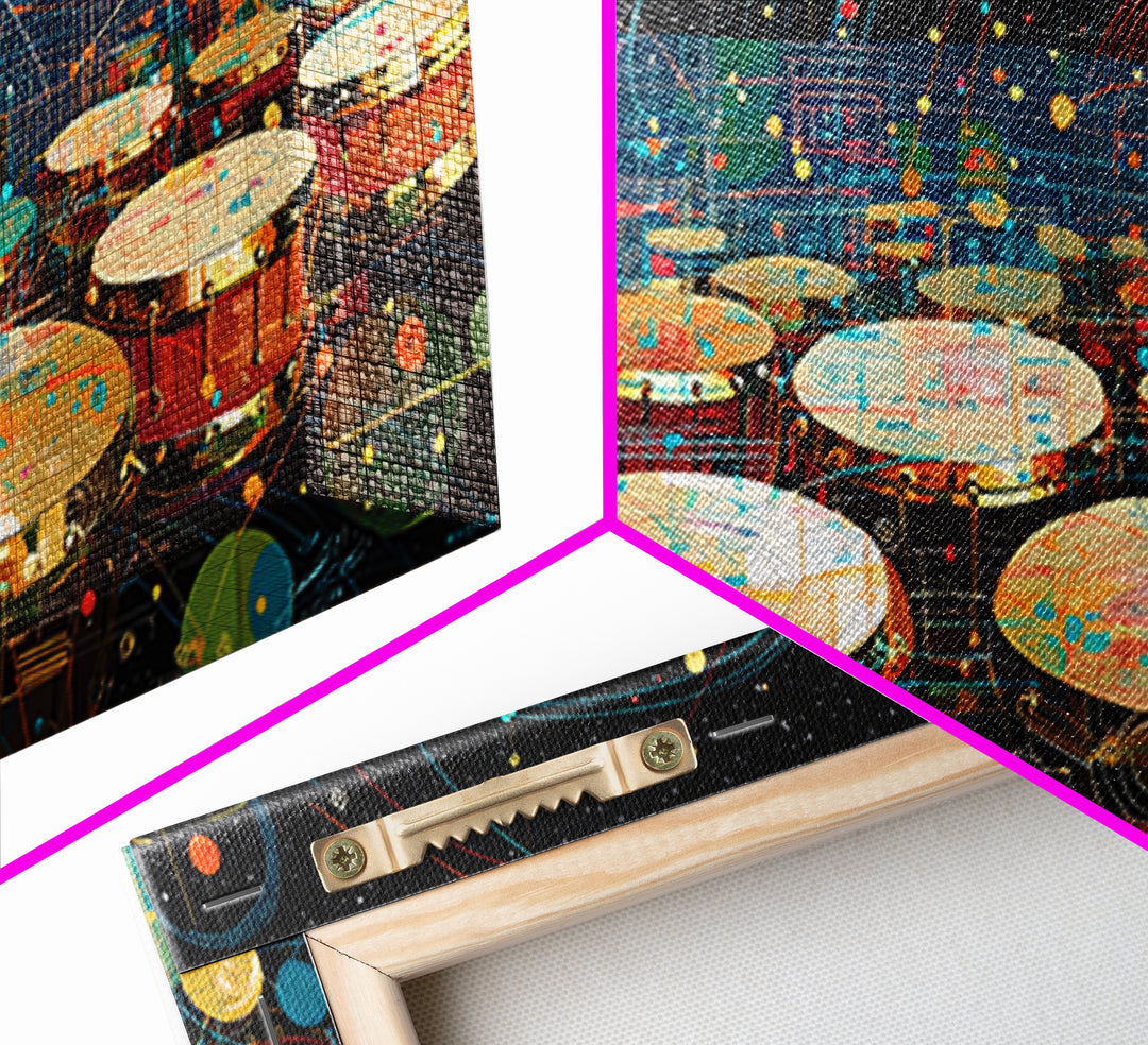 Futuristic Afro Drums Under Cosmic Orbits Canvas Print, Modern African Art, Music Room Decor, Afrofuturism Decor, Bold Art
