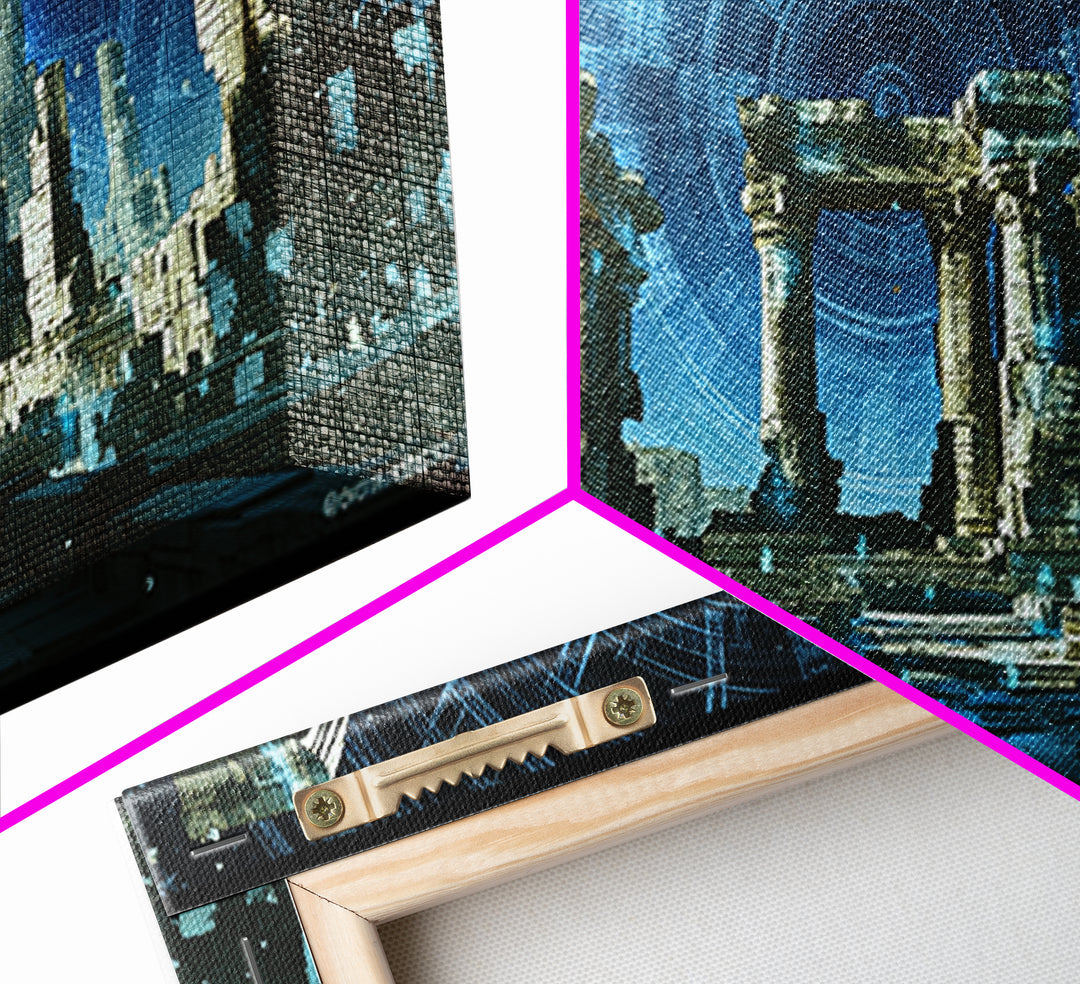 Glowing Futuristic Temple Columns In Blue Starlight Canvas Print, Sci Fi Ruins Wall Art, Modern Fantasy Home Decor, Celestial Poster