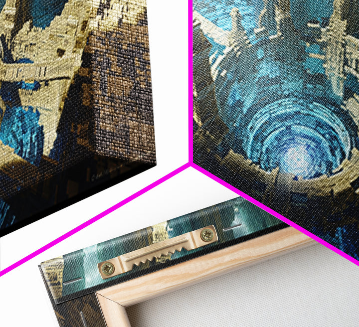 Vast Circular Ancient City With Blue Abyss Framed Canvas Print, Futuristic Ruins Wall Art, Luxury Fantasy Home Decor, Sci Fi Architecture
