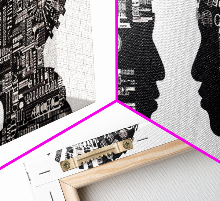 Black And White Profile Faces With Mechanical City Patterns Wall Art, Geometric Portrait Canvas Print, Modern Office Decor