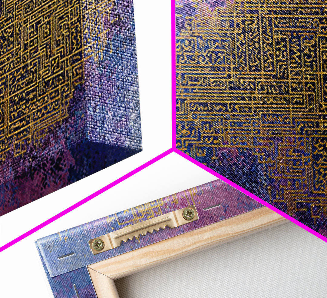 Blue Purple Arabic Maze Calligraphy Wall Art, Gold Geometric Abstract Print, Islamic Inspired Decor, Modern Canvas Artwork