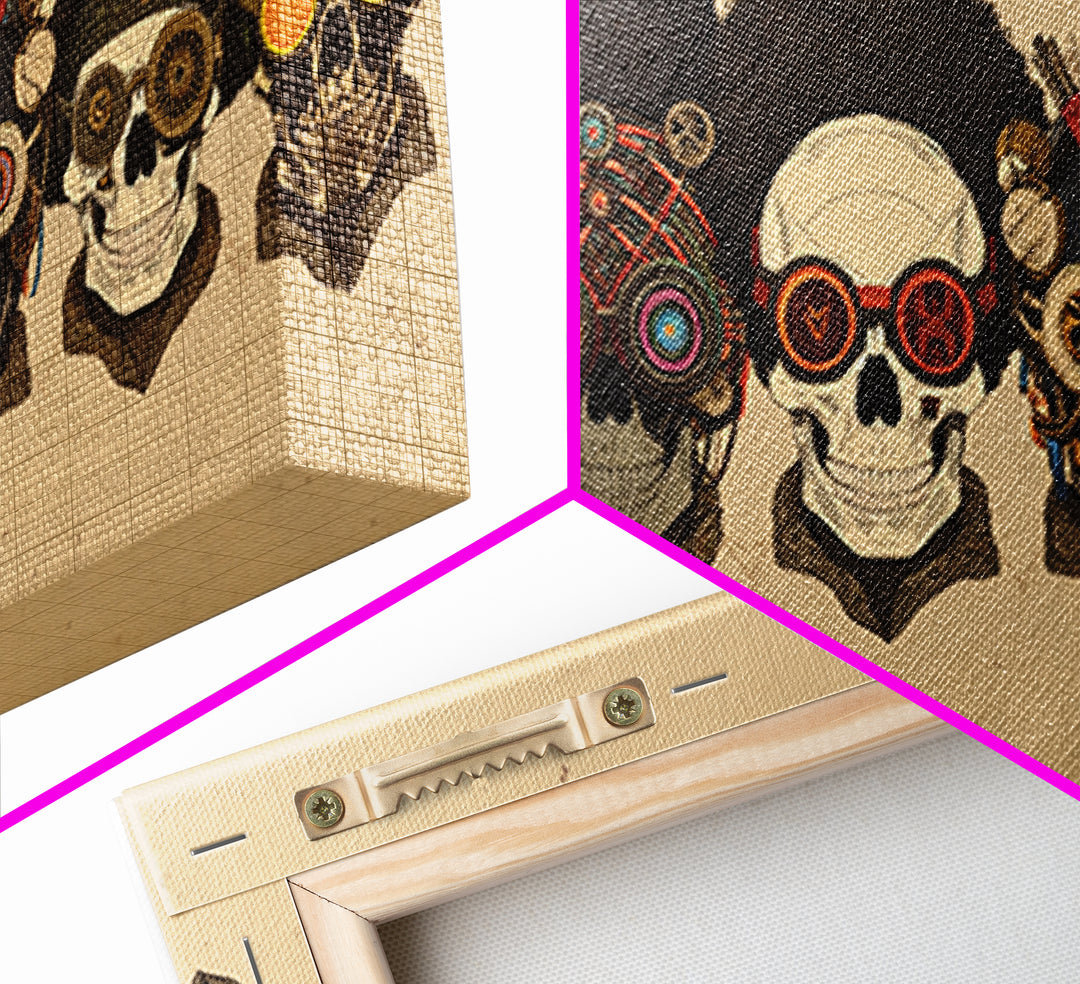 African Skull Lineup With Tribal Headdresses Wall Art, Afrocentric Decor, Cultural Artwork, Bold Canvas Print For Eclectic Home Decor