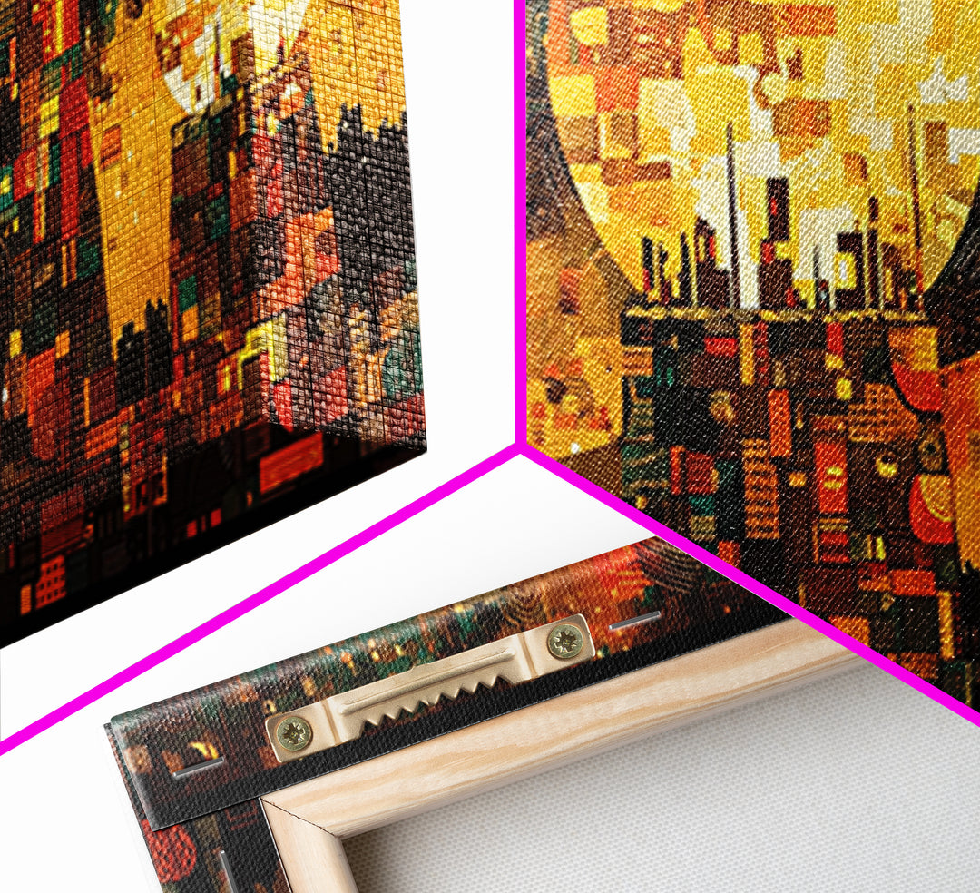 Golden Sun Mosaic City Wall Art, Abstract African Art Decor, Teal And Orange Canvas Print, Cultural Wall Art, Vibrant Decor
