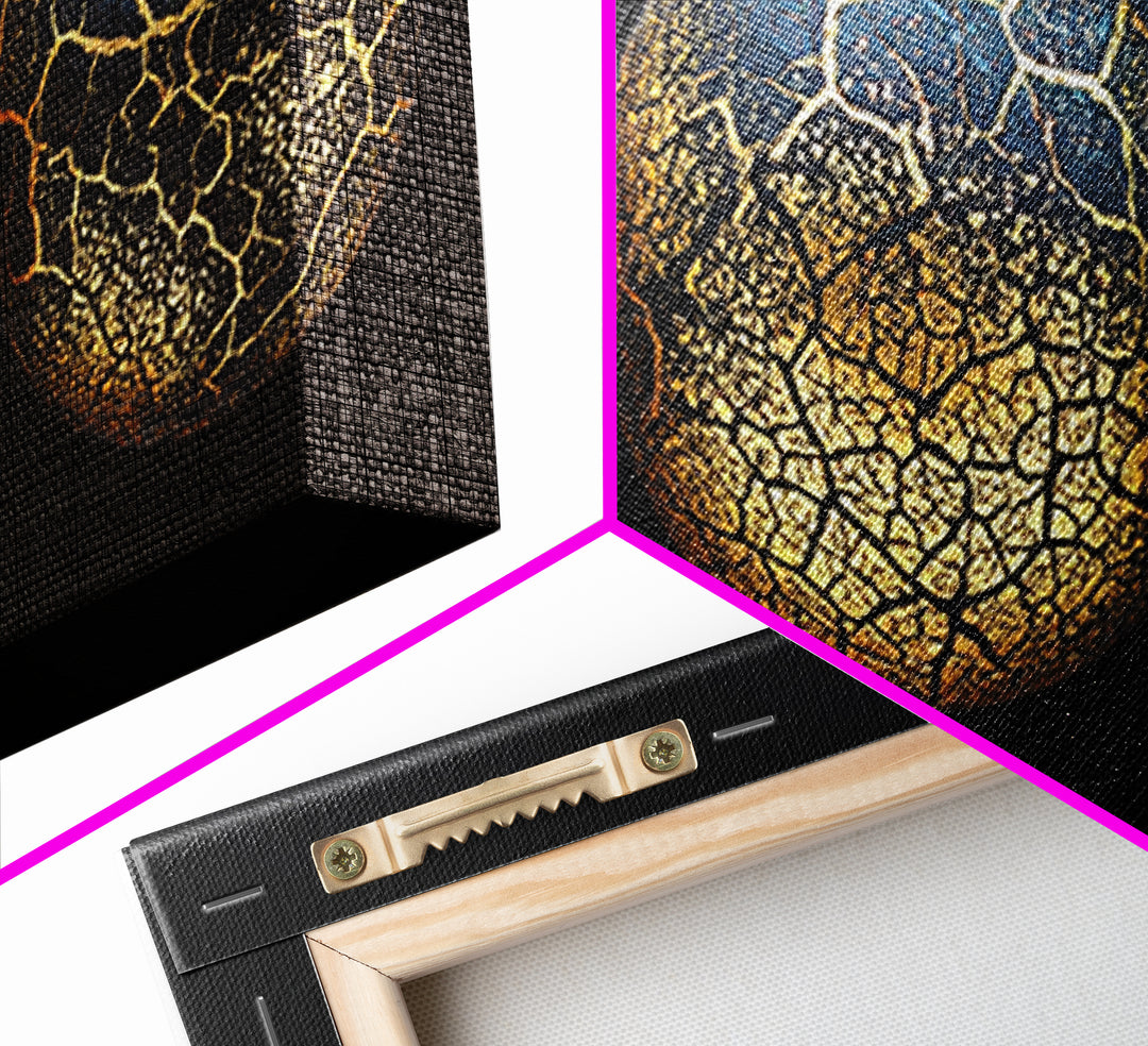 Three Cracked Gold Blue Planets Canvas Print, Celestial Abstract Wall Art, Black And Gold Art, Luxury Canvas Art, Office Decor
