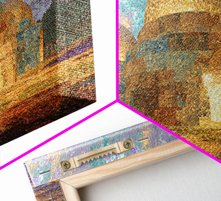 Glowing Golden Dome Palace Canvas Print, Dreamy Wall Art, African Inspired Architecture, Teal And Gold Decor, Elegant Home Art