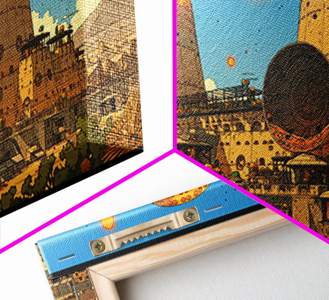 Desert Towers And Orange Suns Wall Art, Sci Fi African Inspired Settlement, Canvas Print, Modern Wall Decor, Unique Home Decor