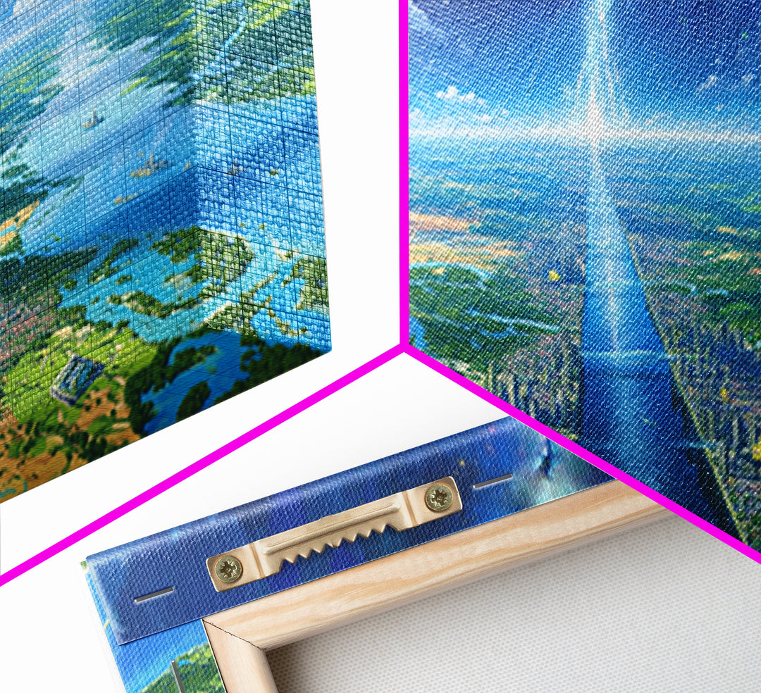 Blue Futuristic Cityscape Wall Art, Dreamy Landscape Canvas Print, Modern Canvas Art, Sci Fi Skyline Living Room Decor Gift