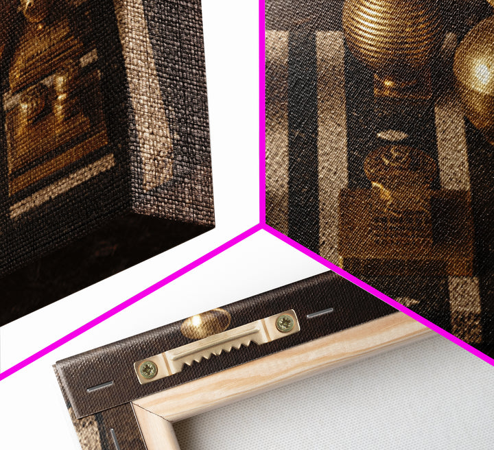 Golden Vessels On Striped Textile Wall Art, African Home Decor Canvas Print, Tribal Gold Still Life, Elegant Office Decor