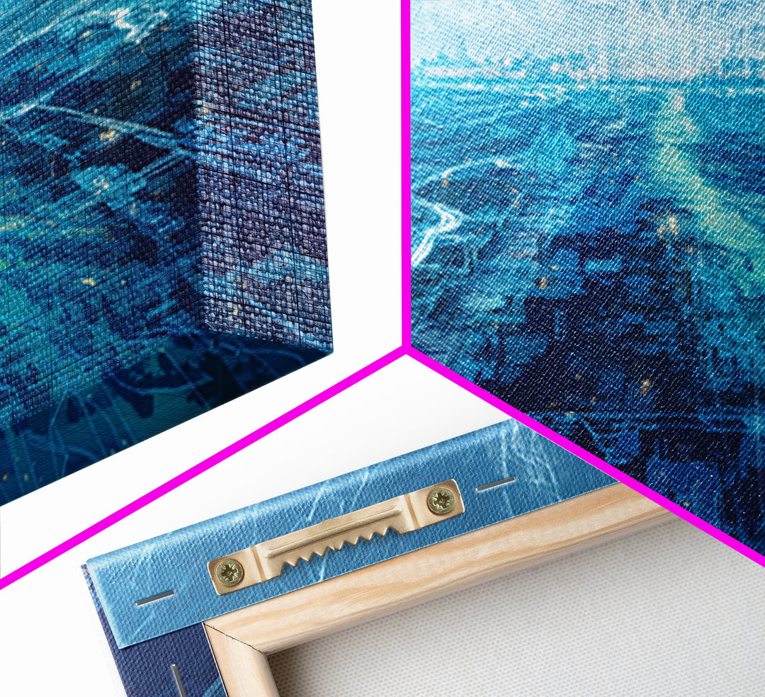 Blue Futuristic Digital Cityscape Wall Art, Afrofuturism Decor, Modern African Inspired Office Art, Luminous Skyline Print