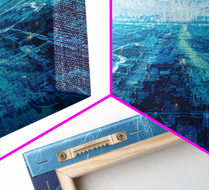 Blue Futuristic Digital Cityscape Wall Art, Afrofuturism Decor, Modern African Inspired Office Art, Luminous Skyline Print