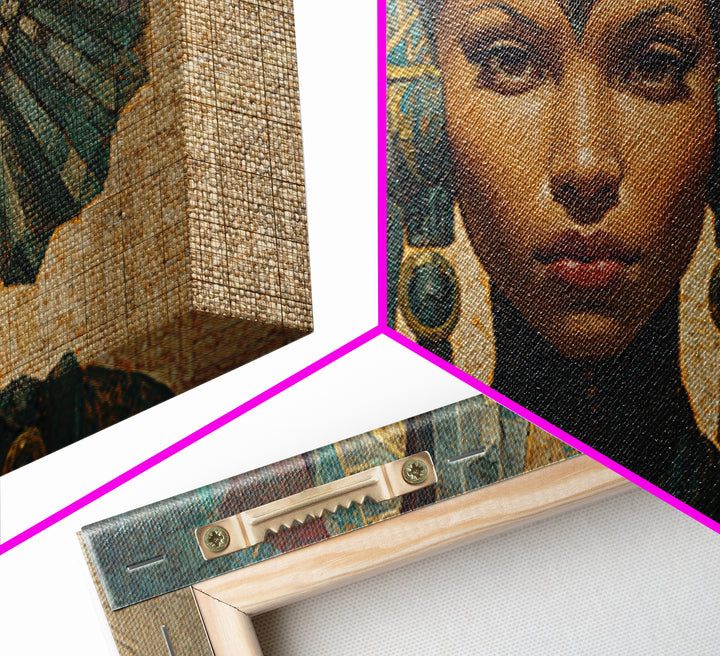 Regal Egyptian Queen Headdress Canvas Print, African Portrait Wall Art, Teal Gold Cultural Decor, Goddess Home Decor Gift