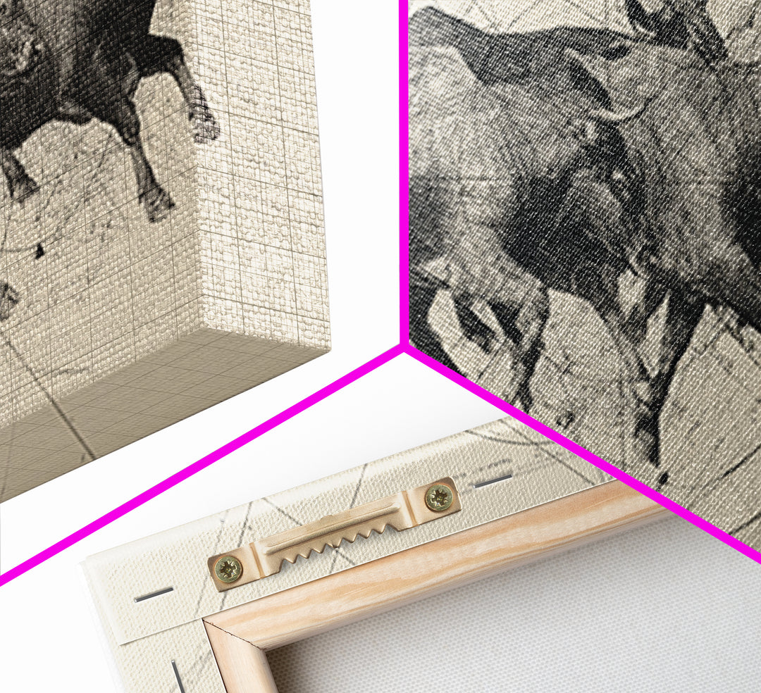 Running African Cattle Sketch Wall Art, Beige Ink Herd Drawing, Rustic Farmhouse Decor, Textured Canvas Print For Office