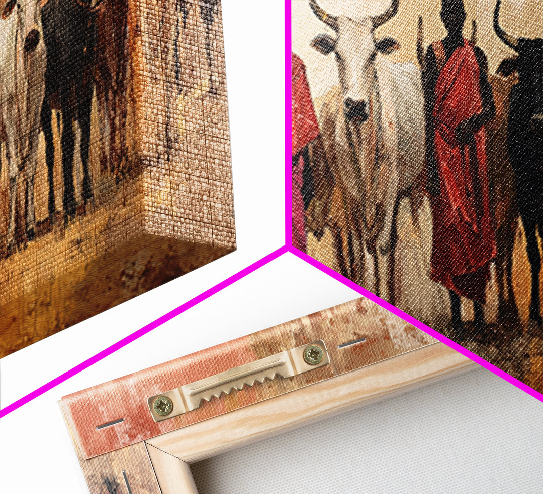 Maasai Herders With Longhorn Cattle Framed Canvas Print, African Safari Wall Art, Earth Tone Tribal Living Room Decor Gift