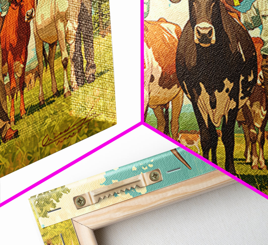 African Family With Cattle Wall Art, Sunny Pasture Portrait, Afrocentric Farm Decor, Vibrant Canvas Print For Living Room