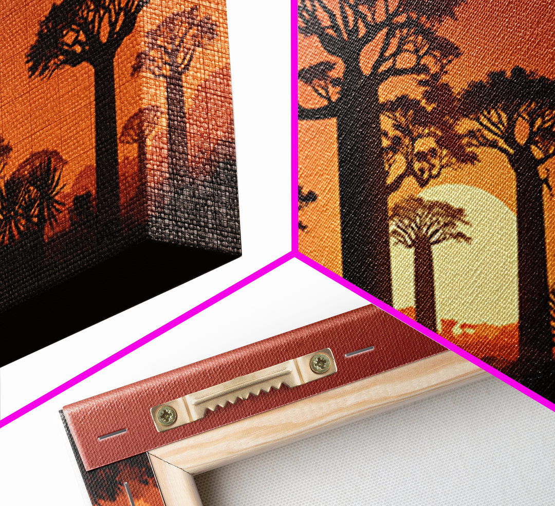 Baobab Trees At Orange Sunset Wall Art, African Landscape Silhouette, Madagascar Safari Decor, Warm Canvas Print For Home