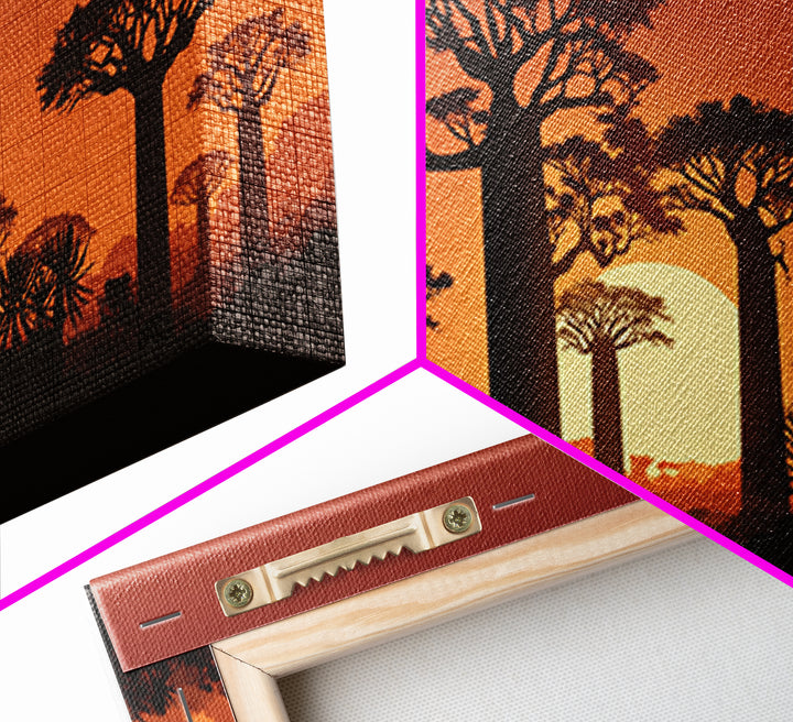 Baobab Trees At Orange Sunset Wall Art, African Landscape Silhouette, Madagascar Safari Decor, Warm Canvas Print For Home